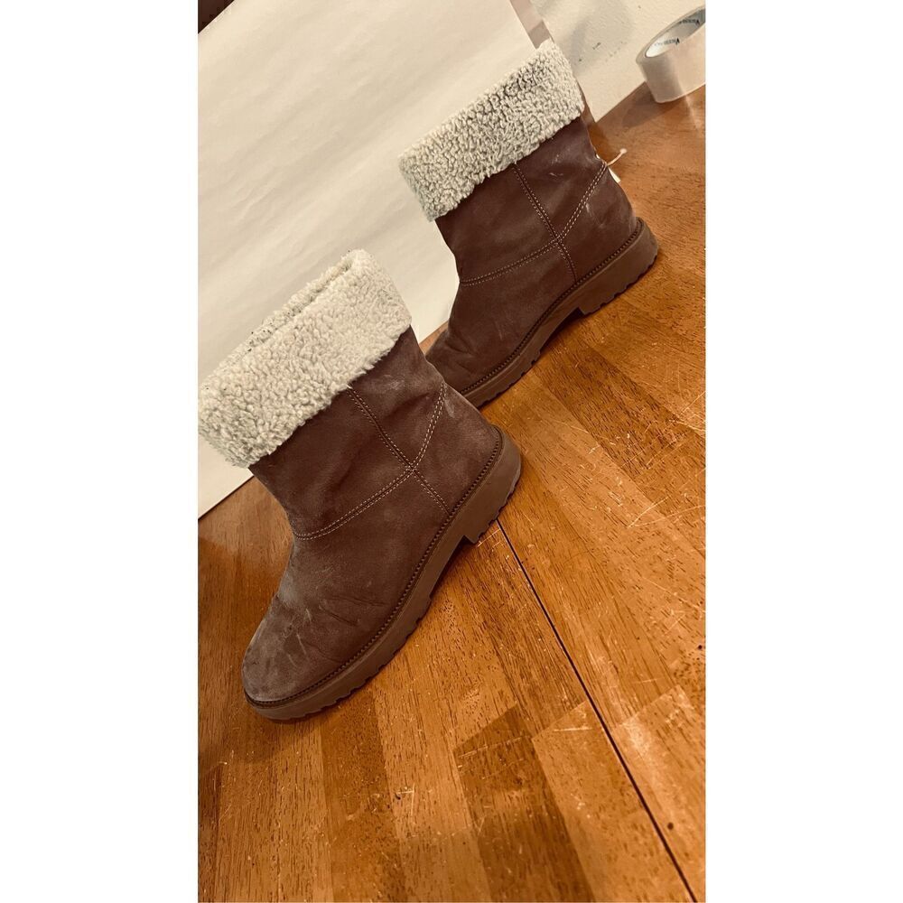 OLD NAVY BROWN SUEDE ANKLE BOOTS FAUX SHEARLING LINING GIRLS SZ 3 - Picture 5 of 10